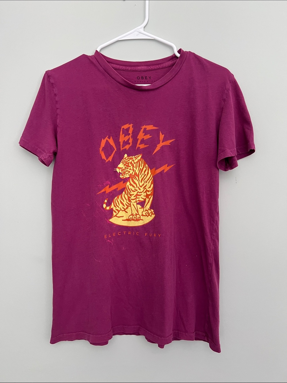 Vintage Obey Electric Fury Graphic Tee Magenta Yellow Orange Tiger Print Sz Smal